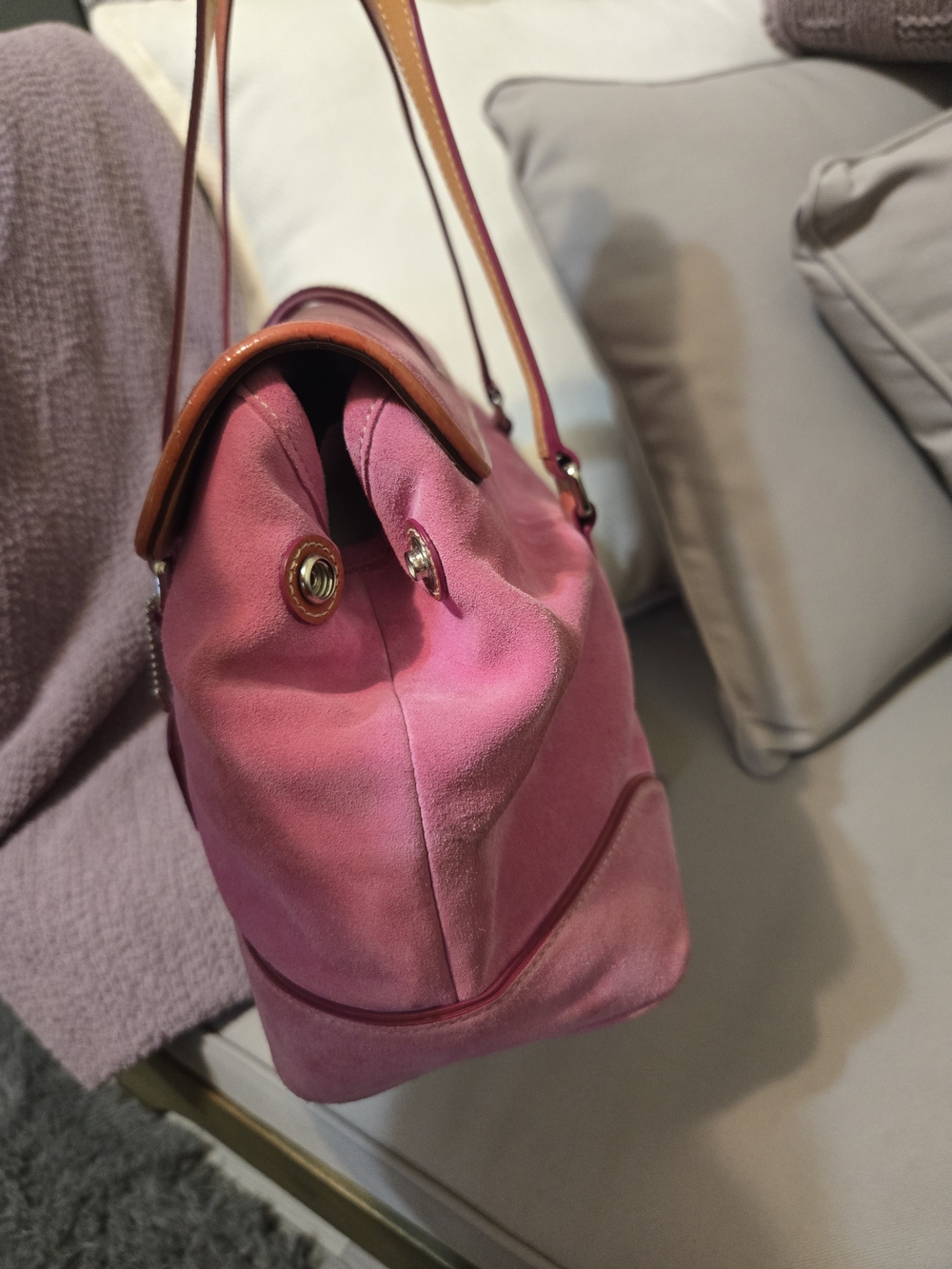 Coach Pink Suede Shoulder Bag with Tan Leather Trim - Picture 6 of 10